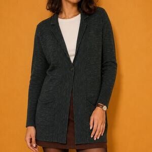 J Jill Dark Teal Marled Knit Blazer M Notched Collar Coastal Academia Cardigan